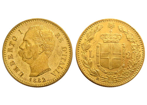 20 Lire Umberto I. 1879-1897 Goldmünze